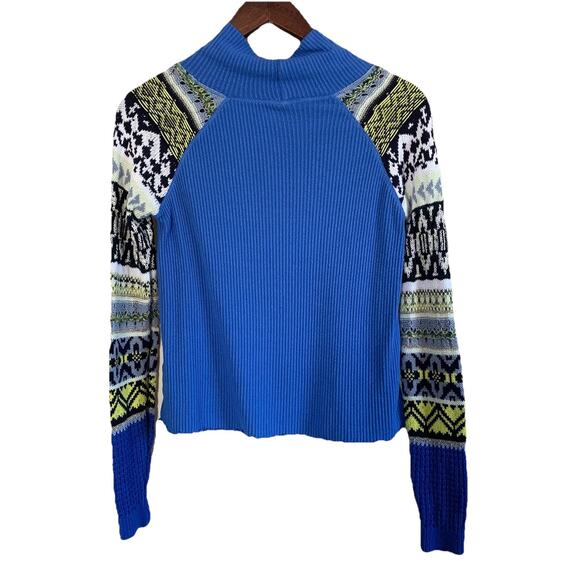 Free People Blue Bell Combo Sweater Women’s XS Ribbed Blue Fair Isle Mock Neck - Picture 2 of 14